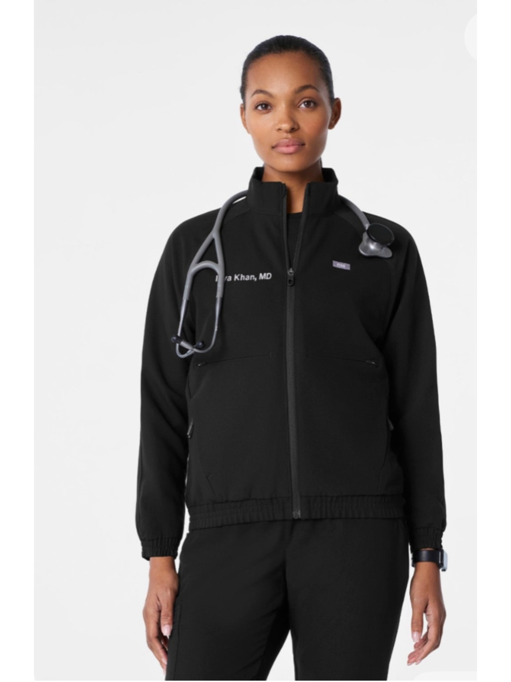 FIGS Sydney Scrub Jacket XL Black Aya Healthcare Embroidered Technical Full Zip